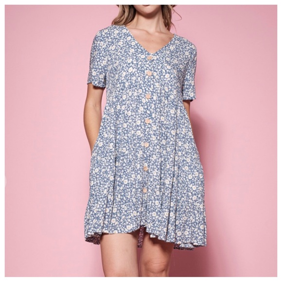 Boho V-Neck Floral Short Sleeve Tiered Mini Dress - Picture 1 of 4
